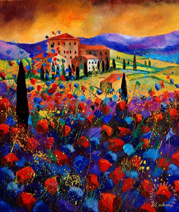 Tuscany poppies painting - Pol Ledent Tuscany poppies Art Print