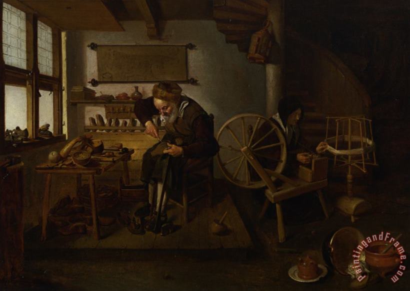 Quiringh Gerritsz. Van Brekelenkam A Cobbler at Work with His Wife Spinning Wool Art Print