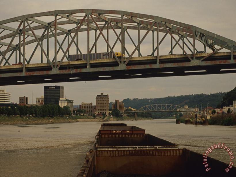 Raymond Gehman Coal Barge Passing Under a Bridge on an American River Art Print