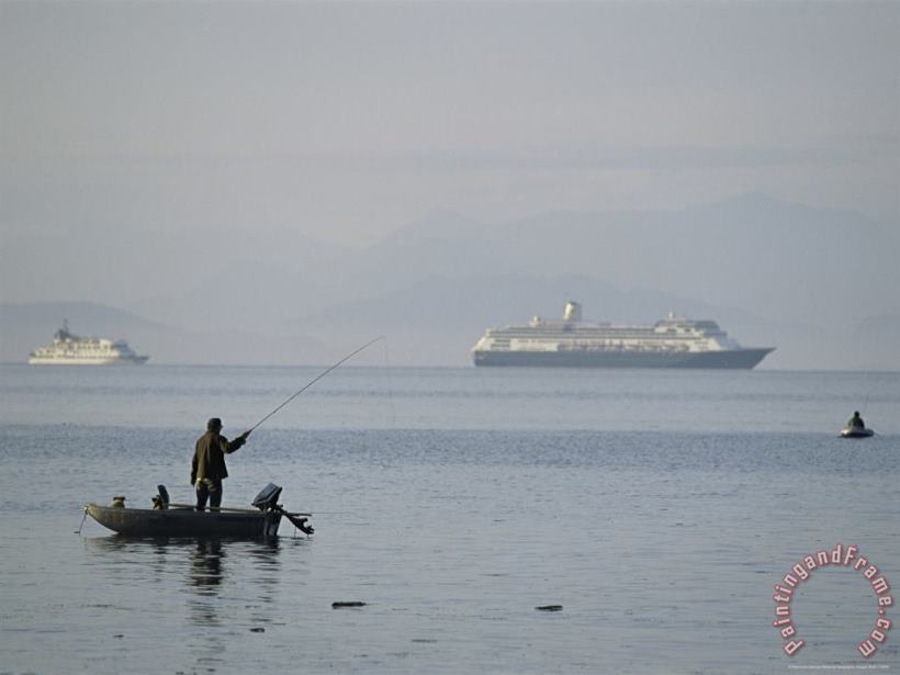 Raymond Gehman Cruise Ships Pass by a Man Out Fishing on a Hazy Morning Art Print
