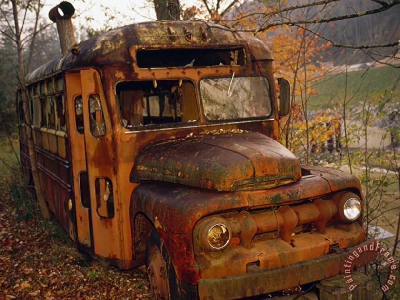 Raymond Gehman Old Rusting School Bus Sitting Among The Trees Art Painting