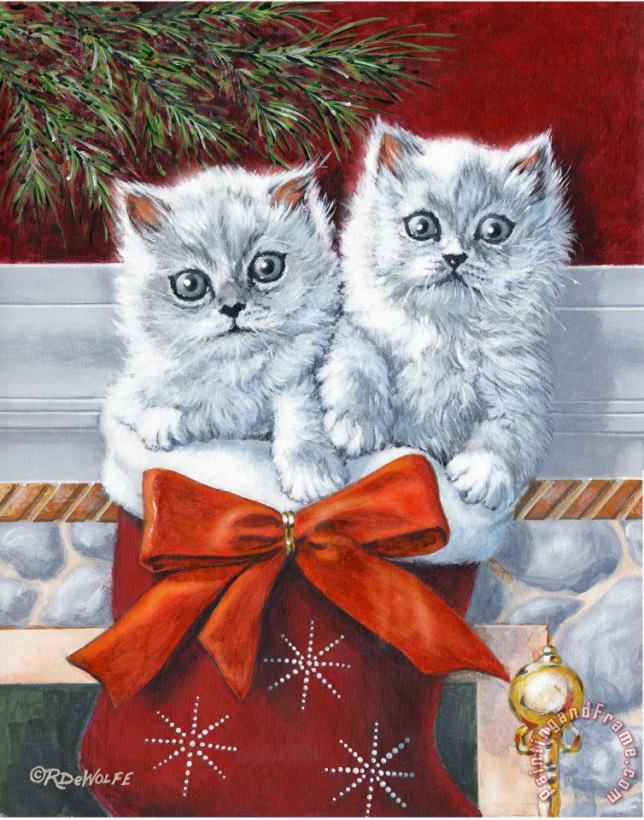 Christmas Kittens painting - Richard De Wolfe Christmas Kittens Art Print