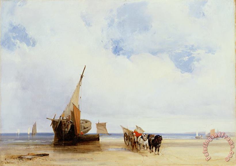 Richard Parkes Bonington Beached Vessels and a Wagon near Trouville Art Painting