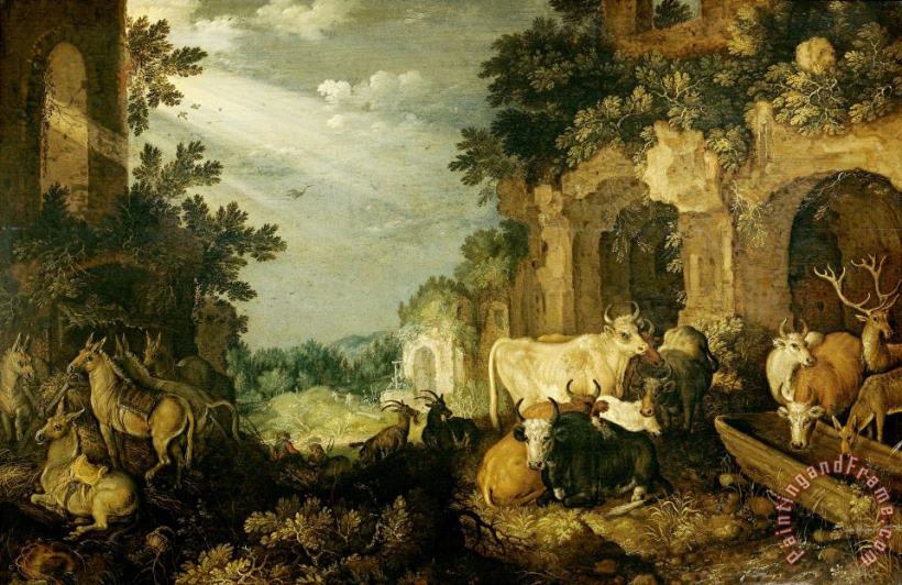 Roelant Savery Landscape with Ruins, Cattle And Deer Art Painting