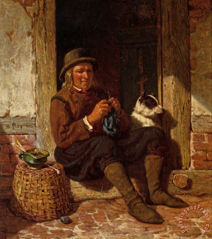 A Man Seated in a Doorway Knitting with His Dog painting - Rudolf Jordan A Man Seated in a Doorway Knitting with His Dog Art Print