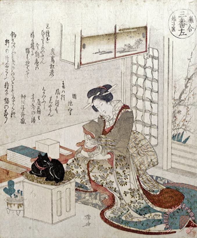 A Girl with Two Cats painting - Ryuryukyo Shinsai A Girl with Two Cats Art Print