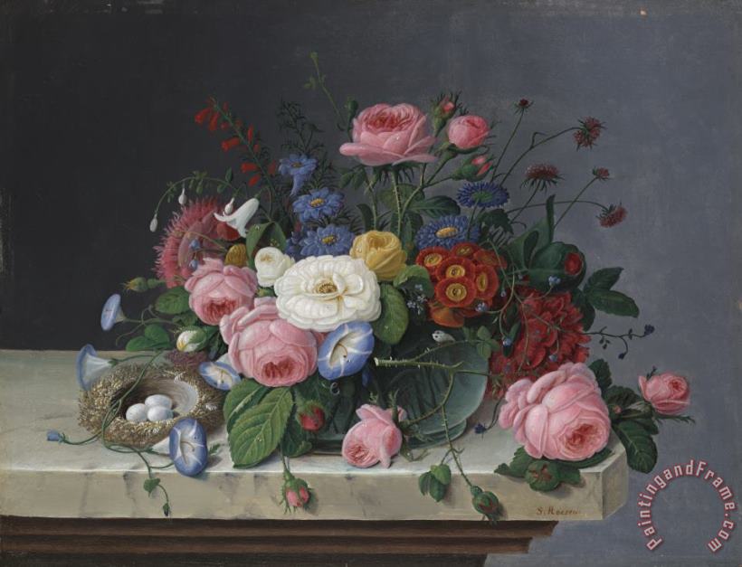 Severin Roesen Still Life With Flowers and Bird's Nest Art Painting
