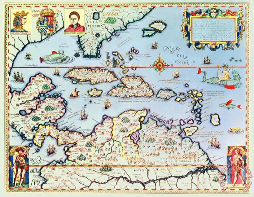 Theodore de Bry Map of the Caribbean islands and the American state of Florida Art Print