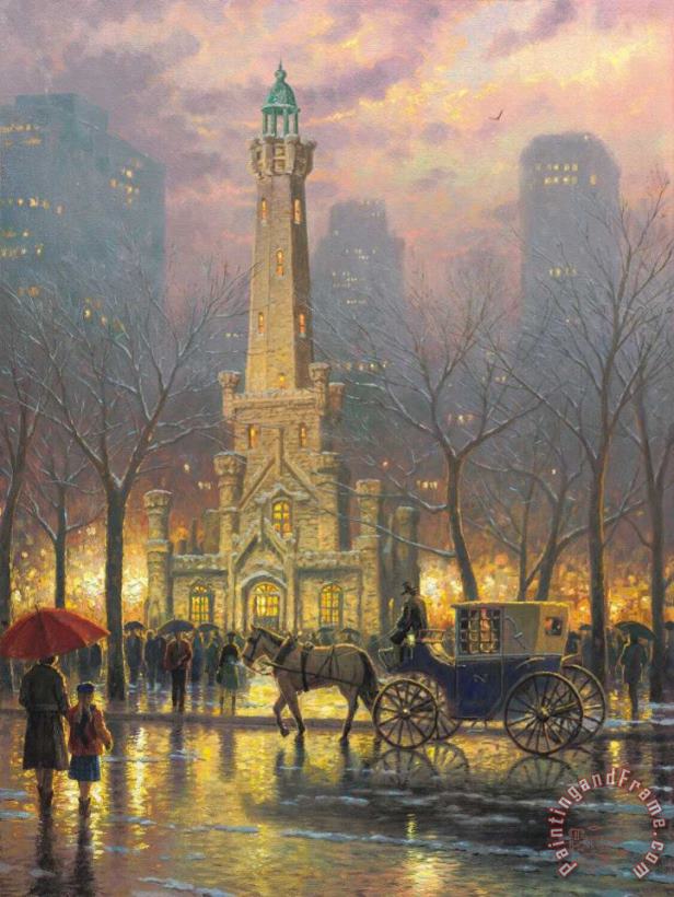 Thomas Kinkade Chicago, Winter at The Water Tower Art Painting
