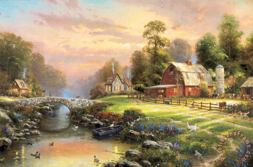Thomas Kinkade Sunset at Riverbend Farm Art Painting