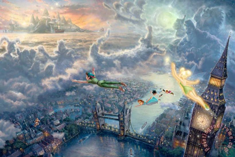 Thomas Kinkade Tinker Bell And Peter Pan Fly to Neverland Art Print