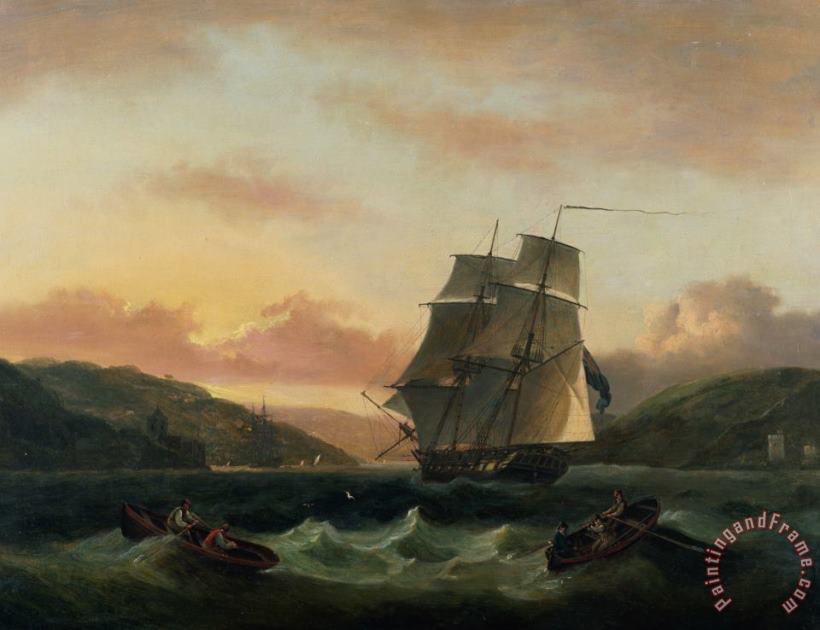 Thomas Luny  A Brigantine in Full Sail in Dartmouth Harbour Art Print