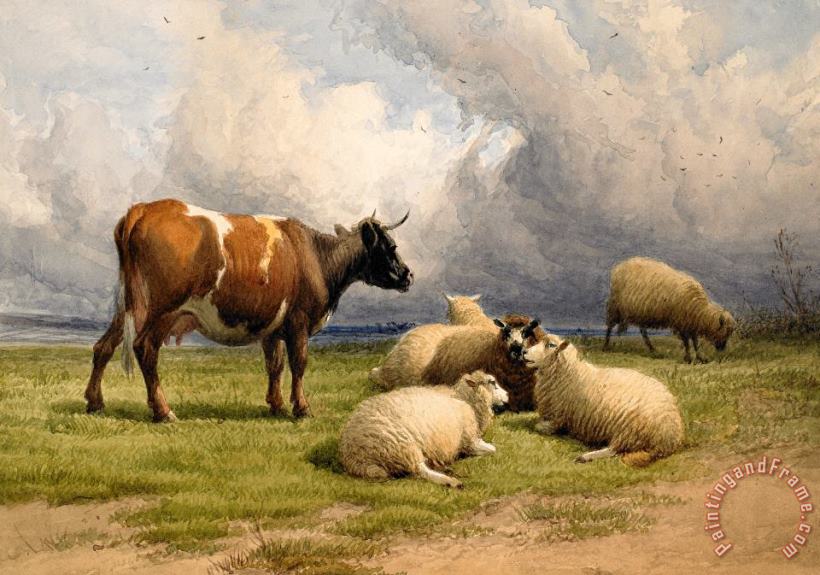 A Cow And Five Sheep painting - Thomas Sidney Cooper A Cow And Five Sheep Art Print