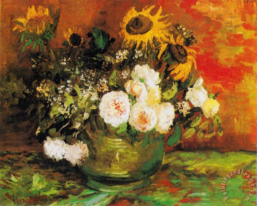 Bowl with Sunflowers, Roses And Other Flowers painting - Vincent van Gogh Bowl with Sunflowers, Roses And Other Flowers Art Print