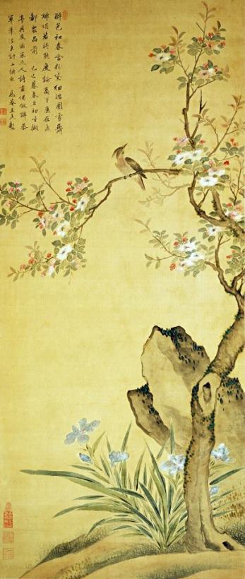 Wang Wu A Bird Standing on a Peach Blossom Tree Art Painting