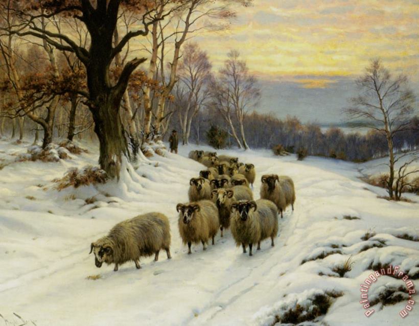 Wright Barker A Shepherd And His Flock on a Path in Winter Art Painting
