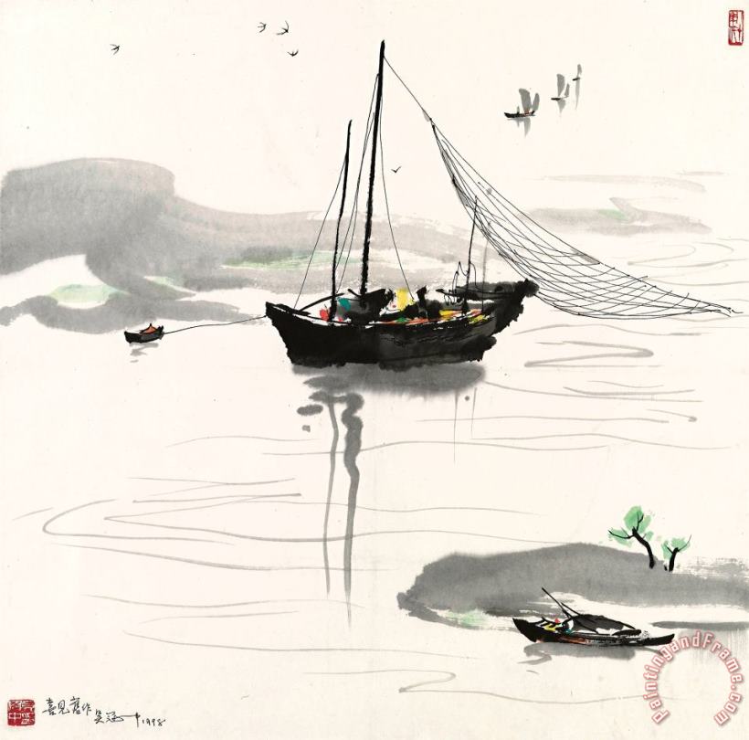 Boat by The Riverside painting - Wu Guanzhong Boat by The Riverside Art Print