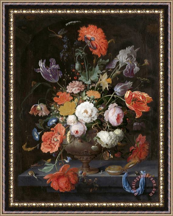 Abraham Mignon Still Life with Flowers And a Watch Framed Painting