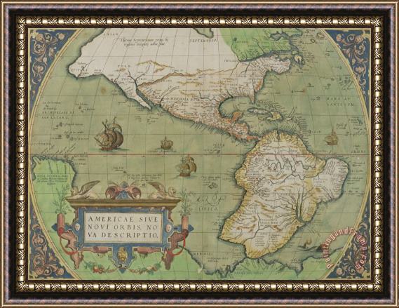Abraham Ortelius Map of North and South America Framed Painting