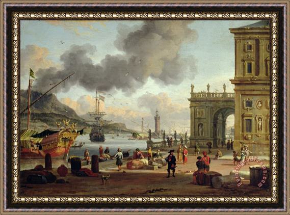 Abraham Storck A Mediterranean Harbour Scene Framed Painting