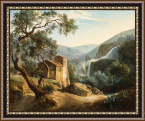 The Waterfall Framed Paintings - Landscape with a waterfall by Achille Hector Camille Debray