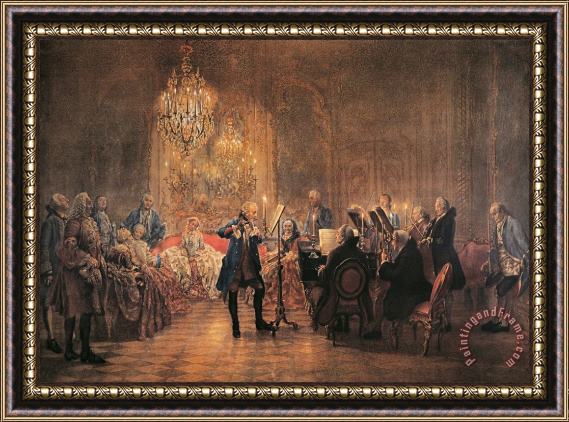 Adolf von Menzel depicting a flute concert of Frederick the Great Framed Painting