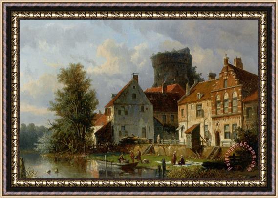 Adrianus Eversen Many Figures in a Waterfront Town Framed Painting
