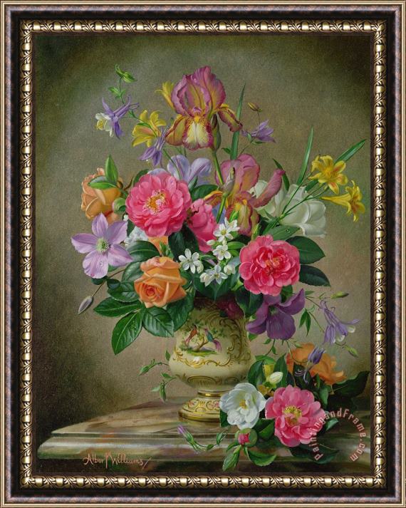 Albert Williams Peonies And Irises In A Ceramic Vase Framed Painting