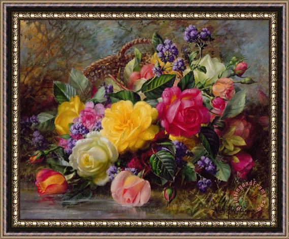 Albert Williams Roses by a Pond on a Grassy Bank Framed Painting