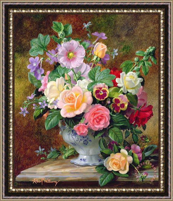 Albert Williams Roses Pansies And Other Flowers In A Vase Framed Painting