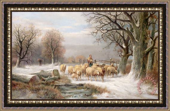 Alexis de Leeuw Shepherdess with her Flock in a Winter Landscape Framed Print