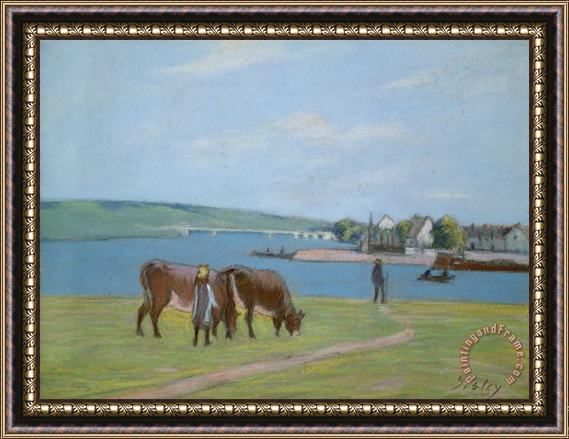 Alfred Sisley Cows on the Banks of the Seine at Saint Mammes Framed Painting