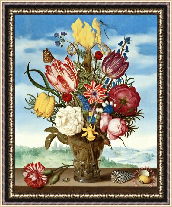 Ambrosius Bosschaert the Elder Bouquet of Flowers on a Ledge Framed Painting