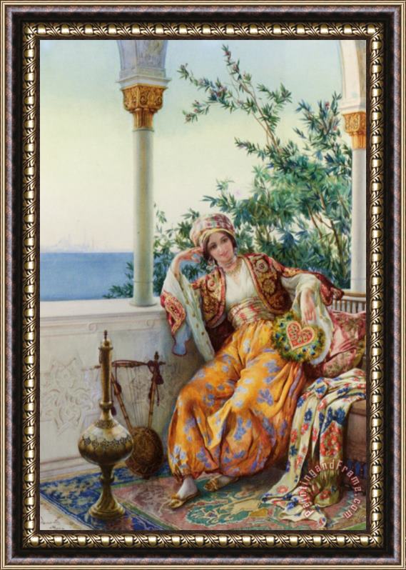 Amedeo Momo Simonetti A Turkish Beauty Resting on a Terrace Framed Painting