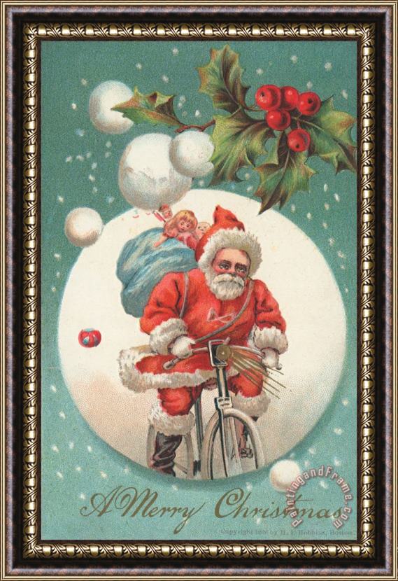 American School American Christmas Card With A Cycling Father Christmas With His Sack Of Gifts Framed Painting