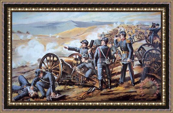American School Federal field artillery in action during the American Civil War Framed Painting