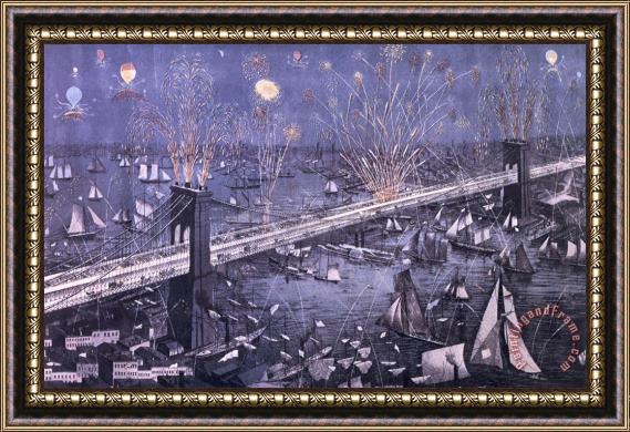 American School Opening of the Great New York and Brooklyn Bridge and grand display of fire works Framed Painting
