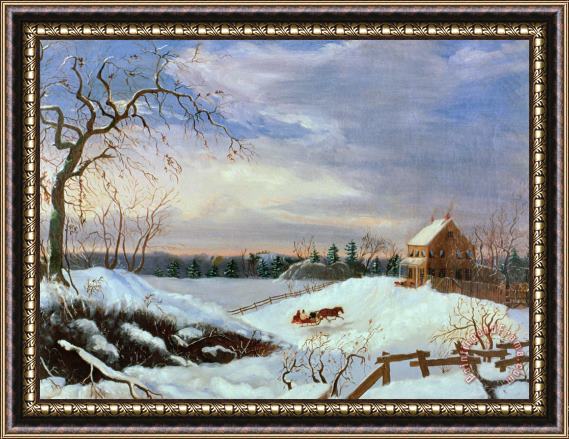 American School Snow scene in New England Framed Painting