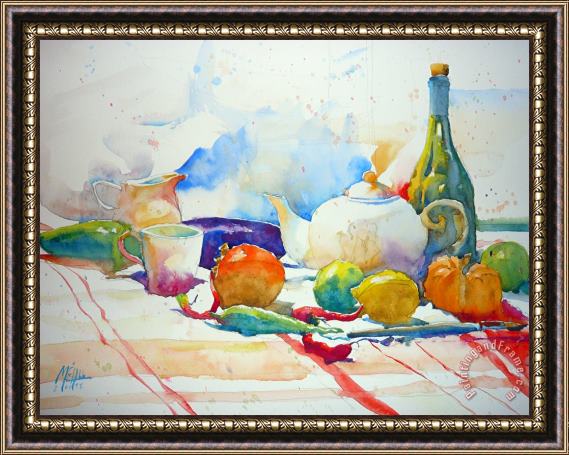 Andre Mehu Red peppers fruits and tea pot Framed Painting