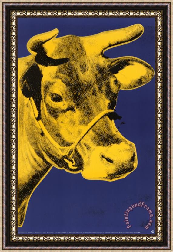 Andy Warhol Cow Yellow on Blue Background Framed Painting