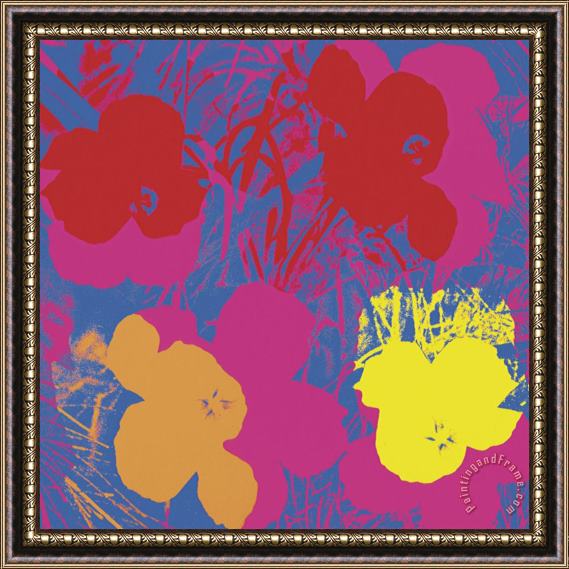 Andy Warhol Flowers 1970 Red Yellow Orange on Blue Framed Print