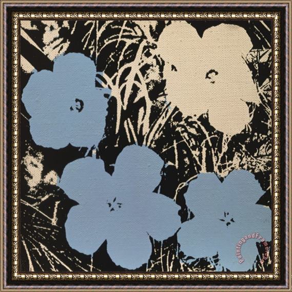 Andy Warhol Flowers C 1965 3 Blue 1 Ivory Framed Painting