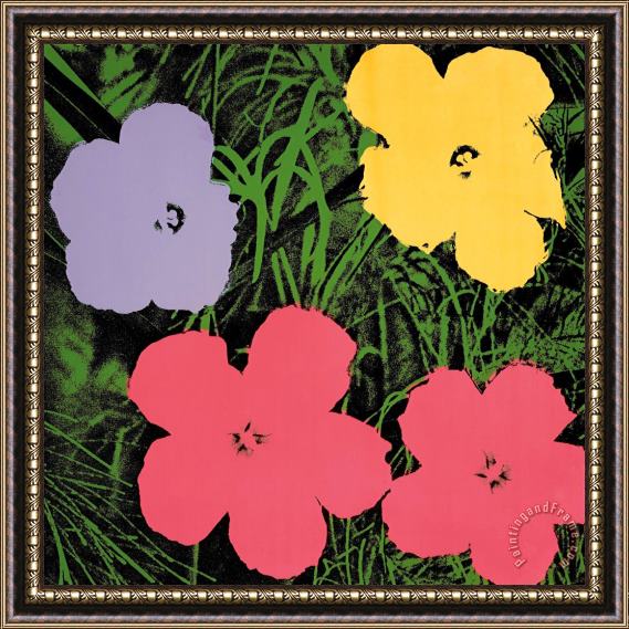 Andy Warhol Flowers C 1970 1 Purple 1 Yellow 2 Pink Framed Painting