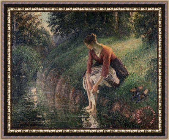 Camille Pissarro Young Woman Bathing Her Feet in a Brook Framed Painting