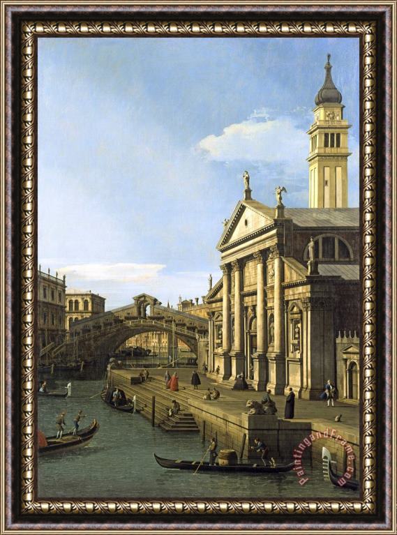 Canaletto Capriccio: The Rialto Bridge And The Church of S. Giorgio Maggiore Framed Print