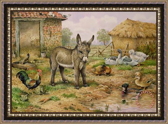 Carl Donner Donkey and Farmyard Fowl Framed Painting