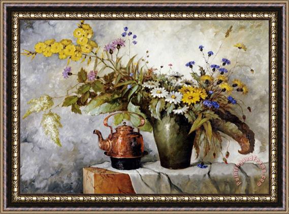 Carl H. Fischer Cornflowers, Daisies And Other Flowers in a Vase Framed Print