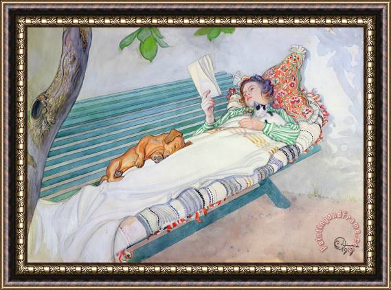 Carl Larsson Woman Lying on a Bench Framed Painting