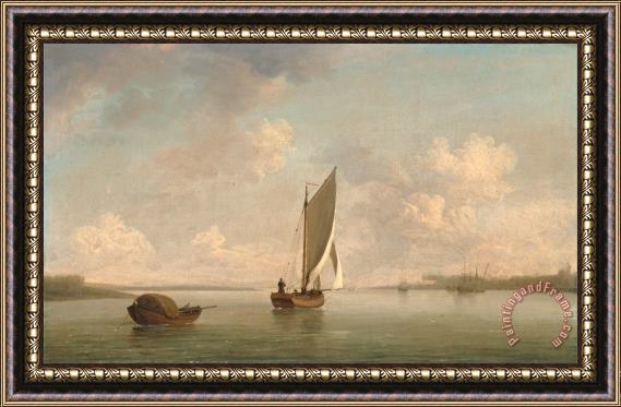 Charles Brooking A Smack Under Sail in a Light Breeze in a River Framed Painting