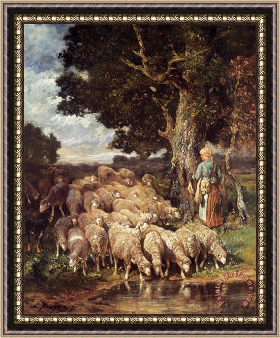 Charles Emile Jacque A Shepherdess with Her Flock Near a Stream Framed Print